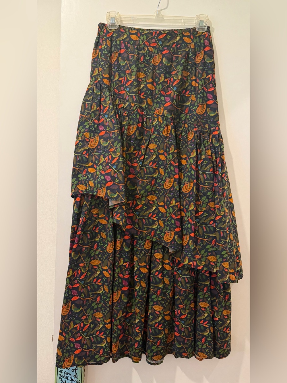 Avara Birds Floral Tiered Maxi Skirt - Black with Multicolor Leaves Small
